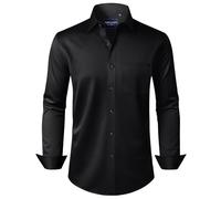 Alimens & Gentle Men's Dress Shirts Long Sleeve Stretch Wrinkle-Free Solid Formal Button Down Shirt with Pocket, Equal Button-Black, Medium
