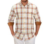 Alimens & Gentle Men's Flannel Long Sleeve Shirt Classic Plaid Button Down Shirts Soft Warm Winter Tops with Pocket Work Camp, Brown White Plaid, XL