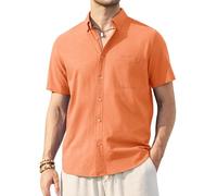 Alimens & Gentle Mens Linen Shirt Short Sleeve Casual Cotton Button Down Shirts Collared Summer Beach Shirts, Light Orange, Medium