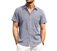 Alimens & Gentle Mens Linen Short Sleeve Shirts Regular Fit Casual Summer Button Down Grey Blue Shirt with Pocket 4XL
