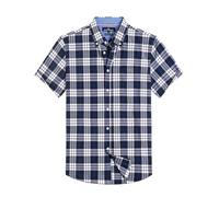 Alimens & Gentle Mens Plaid Short Sleeve Button Down Shirts Cotton Regular Fit Casual Gingham Shirts, Navy Blue Plaid, XL