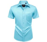 Alimens & Gentle Mens Short Sleeve Dress Shirts Wrinkle Free Solid Casual Button Down Shirts with Pocket, Aquamarine Blue, XXL