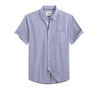 Alimens & Gentle Men's Short Sleeve Oxford Shirt Regular Fit Button Down Collar Shirts with Pocket, Striped-navy, Large