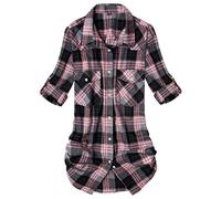Alimens & Gentle Womens Flannel Shirt Long Sleeve Plaid Shacket Soft Casual Collared Loose Button Down Roll Up Blouses Tops, Pink Grey, S