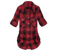 Alimens & Gentle Womens Plaid Flannel Shirts Long Sleeve Roll Up Casual Button Down Shirt, Black Red, XL