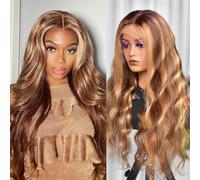 Alimoonbeam 71.1 cm Highlight Ombre Lace Front Wig Real Hair Body Wave T Part Honey Blonde Glueless HD Transparent Lace Frontal Wigs for Women 180% Density Human Hair Pre Plucked with Baby Hair