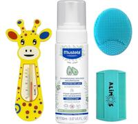 Alimos Baby Bath Silicone Brush & Fine Tooth Comb and Bath Thermometer to Work with Mustela Cradle Cap Foam Shampoo for Newborns 150ml