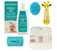 Alimos Baby Bath Silicone Brush & Fine Tooth Comb Bundled With Dentinox Cradle Cap Treatment Shampoo 125 milliliters, Bamboo Wash Cloths (3 Pack) and Bath Thermometer