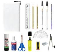 Alimos Complete Back To School Stationery Bundle Bundled With Tipp-ex, Glue stick, Bic Pens, Geometry Maths GCSE Exam Equipment & Pencil Case (Right Handed)