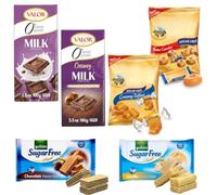 Alimos Sugar Free Biscuits & Sweets Gift Pack - 6 Pack - Diabetic Friendly Shortbread, Chocolate & Vanilla Wafers & Sugar Free Milk Chocolate Bars