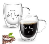 ALIMOTA Set of 2 Double Walled Glass Mugs 350ml, Insulated Coffee Cup with Handle, Glass Coffee Mugs, Cappuccino Latte Glasses Espresso Cups,Glass Tea Cups, No Words Just Hugs, Heartfelt Gifts
