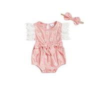 Alinelle Baby Girls Romper 2Pcs Set Ruffle Short Sleeve Crew Neck Flower Print Onesie Newborn Infant Summer Jumpsuit with Headband (Pink A, 0-3 Months)