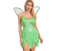 Alinelle Women Forest Fairy Costume Pretty Pixie Princess Cosplay Tube Dress with Wings Halloween Tinkerbell Role Play Party Dress Up (Green A, M)