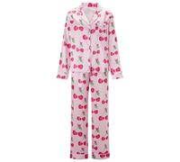 Alinelle Women Fruit Print Satin Pajama Set Long Sleeve Button Down Shirt and Pants 2 Piece Cherry Grapefruit Graphic Lounge Sleepwear Pjs (Pink Cherry A, M)
