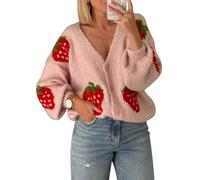 Alinelle Women Strawberry Embroidery Sweater Cardigan Y2K Long Sleeve V Neck Button Down Crop Knit Coat Cute Knitwear Outerwear (Pink A, S)