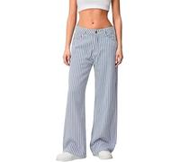 Alinelle Women Striped Jeans High Waist Wide Leg Strechy Denim Pants Classic Retro Boyfriend Baggy Flare Trousers with Pockets (Blue A, M)