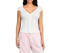 Alinelle Women Y2K Cute Crop Top Puff Short Sleeve V Neck Slim Fit Ruffle Hem T-Shirt Floral Eyelet Fairy Grunge Milkmaid Babydoll Blouse (Ginger G, L)
