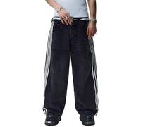 Alinelle Women Y2K Hip Hop Wide Leg Denim Pants Vintage Low Rise Baggy Jeans Side Stripe Loose Fit Casual Track Trousers Streetwear (Black A, L)
