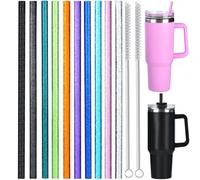 ALINK 10 Pack Glitter Straws for Stanley 40 oz 30 oz Tumbler, 12 in Long Reusable Plastic Clear Straws for Stanley Cup Accessories, Half Gallon Jug, Plus 2 Cleaning Brush (Color)