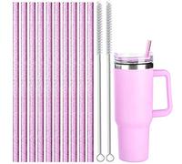 ALINK 10 Pack Pink Replacement Straws for Stanley 40 oz 30 oz Tumbler, 12 in Long Reusable Plastic Glitter Straws for Stanley Cup Accessories, Half Gallon Jug, Plus 2 Cleaning Brush