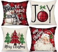 ALINK 18x18 Inch Set of 4 Cotton Linen Rustic Skull Throw Pillow Covers with Merry Christmas Text, Red, Black, Perfect for Living Room, Bedroom, Office, Outdoor Spaces