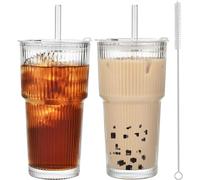 ALINK 2 Pack 20 oz Ribbed Glass Cups Tumblers with Lids and Straws Glassware Set, Thickened Glass, Ideal for Iced Coffee, Smoothies, Cocktails, and Juices