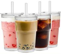 ALINK 4 Pack 16 oz Ribbed Glass Tumblers with Lids and Straws Glassware Cups Set, Thickened Glass, Ideal for Iced Coffee, Smoothies, Cocktails,Juices
