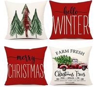 ALINK Christmas Pillow Covers 18x18 Set of 4 - Farmhouse Decorations With Merry Tree Truck Hello Winter Holiday Theme - Throw Cushion Cases for Home Couch