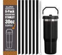 ALINK Replacement Straws for Stanley Iceflow 30oz Flip Tumbler, 6 Pack Reusable Black Plastic Straws Compatible with 30oz Stanley IceFlow Cup with Cleaning Brush, Angled Design, Dishwasher Safe