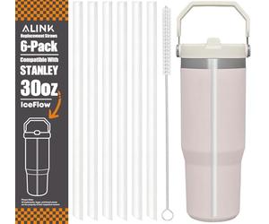 ALINK Replacement Straws for Stanley Iceflow 30oz Flip Tumbler, 6 Pack Reusable Clear Plastic Straws Compatible with 30oz Stanley IceFlow Cup with Cleaning Brush, Angled Design, Dishwasher Safe