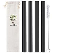 ALINK Reusable Black Silicone Boba Straws, 4-Pack Extra Wide Smoothie Straws for Bubble Tea/Shakes/Tapioca Pearls with Cleaning Brush and Carrying Case