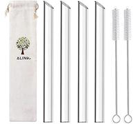 ALINK Reusable Glass Boba Straws, 14mm Extra Wide Clear Smoothie Straws for Bubble Tea, Pack of 4 with 1 Case and 2 Brush