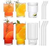 ALINK Ribbed Glassware Drinking Glasses with Straws Set of 6, Vintage Fluted Glassware Iced Coffee Cups, Ridged Glass Tumbler for Coocktail, Whiskey, Beer, Water