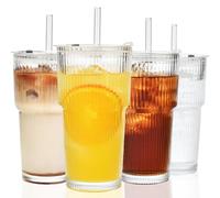 ALINK Set of 2 600 ml Ribbed Glass Cups with Lid and Straw, Iced Coffee Glasses, Long Drink Glass Set, Smoothie Cups, Airtight and Waterproof Design, Ideal as Coffee