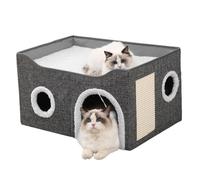ALINUOYQ Double-layered Cat House Indoor, Cave Cat Bed with Scratching Board & Fluffy Ball, Foldable Design Cat Hideaway with Upper Platform for Multi Small Pet Large Kitty