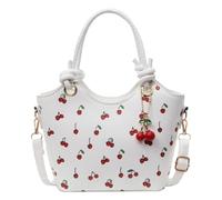 ALINUOYQ PU Leather Bucket Top-handle Bag Women Cherry Crossbody Bag & Pendant (White)