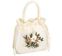 Alipis 1pc Satin Drawstring Purse Women Floral Embroidered Evening Clutch Ladies Handbag Pouch Wristlet Bucket Bags Soft Flower Pattern Handle for Wedding Guest Party Prom Celebration Presents