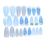Alipis 24 pcs Blue Rose Press Nails for Women with Rhinestone Decor Artificial False Nails Stickers for Birthday Wedding Christmas Easy to Apply Salon and Home Use Elegant Floral Design