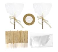 Alipis 24pcs Gold Bamboo Candy Sticks with Glitter Ribbon and Bags Sustainable Party Supplies for Caramel Apples Cake Pops Marshmallows for Holiday Buffets and Special Occasions