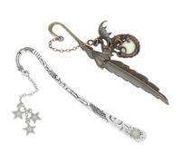 Alipis 2pcs Vintage Iron Bookmarks with Glow-in-the-Dark Metal Pendants, Antique Copper Plume Silver Moon Star Designs, Creative Reading Accessories for Book Lovers and Night Readers
