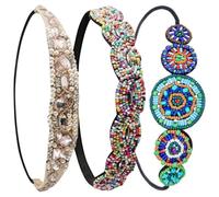 Alipis 3Pcs Elastic Beaded Headbands Set with Colorful Seed Beads and Rhinestone Circles, Soft Stretch Hairbands for Women and Teens, Vintage 70S Jeweled Hair Accessories for Short Hair