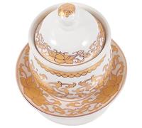 Alipis Ceramic Water Offering Mug Unique Retro Style with Lid and Tray, Multi-Functional Buddhist Worship Cup Elegant and Decorative Lotus Design for Temple Use for Home and Rituals