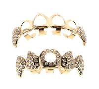 Alipis Gold Vampire Teeth Grill with Rhinestone Copper Hollow out Design, Compatible with Tooth Shapes, Brilliant Shine for Halloween Party and Themed Events, Unique Vampire Fang