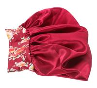 Alipis Large Flower Printed Satin Sleeping Cap for Women Hair Protector with Elastic Band Comfortable for Long Time Wearing and Sleeping Keeps Hair Smooth Red Polyester