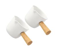 Alipis Mini Milk Jug and Creamer Pitcher Set, 2pcs Small White Ceramic Milk Pourers with Wooden Handles, Coffee Syrup Dispensers for Espresso and Sauce Serving