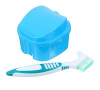 Alipis Portable Denture Storage Container with Cleaning Brush and Strainer Basket, Blue Plastic Denture Box Holder for Travel and Outdoor Activities, Easy-to-Clean Soaking Case for False