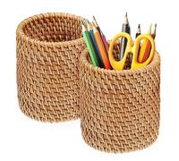 Alipis Rattan Pencil Cup Woven Pen Holder Makeup Brush Holder Round Desktop Organiser Pen Storage Container Box 2 Pieces