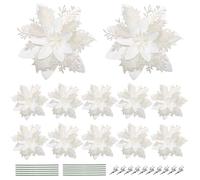 Alipis White Poinsettia Flowers Artificial: 12PCS Glitter Poinsettia Artificial Flowers with Clips and Stems - Christmas Tree Ornaments for Xmas Wedding DIY Wreath Holiday Party Decor
