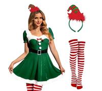 ALIREVERIE Christmas Women's Casual Pretty Costume Holiday Square Neck Santa Puff Sleeve Mini Velvet A Line Sexy Dress Green M