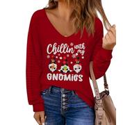 ALIREVERIE Christmas Women's Long Sleeve Christmas Raglan V Neck Striped Mesh Sleeve Top Shirt, Chillin With My Gnomies, L